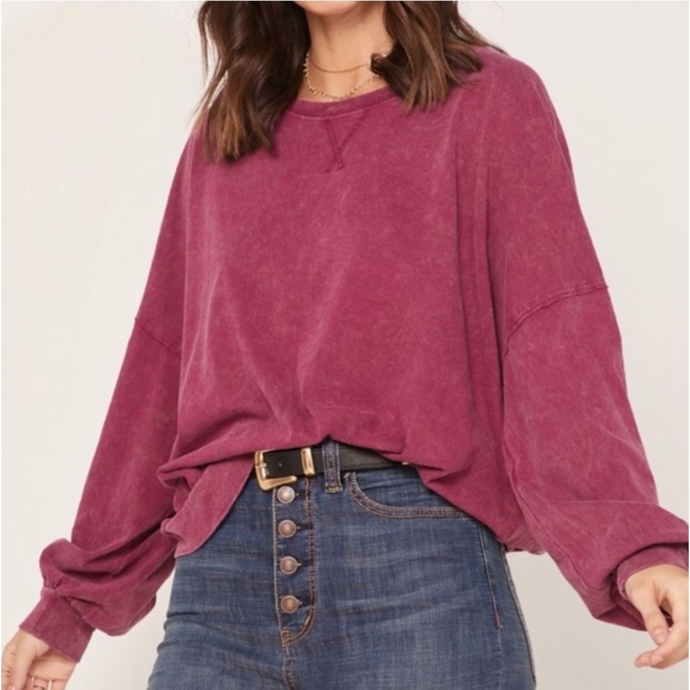 Free People Sweet Myrtle Wine 213 Vintage Wash Long Sleeve T Shirt Size L Pink